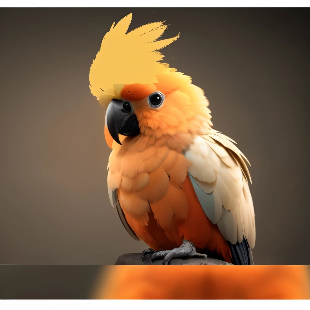 A parrot with a yellow crest sits on the table, Feather head, Lovely numbers, birb, some beak, bird, realistic paint job, , 拟人化的bird, arrogant expression, arrogant, fluffy orange skin, 一只超现实主义的bird, bird头, Digital Art Animal Photos