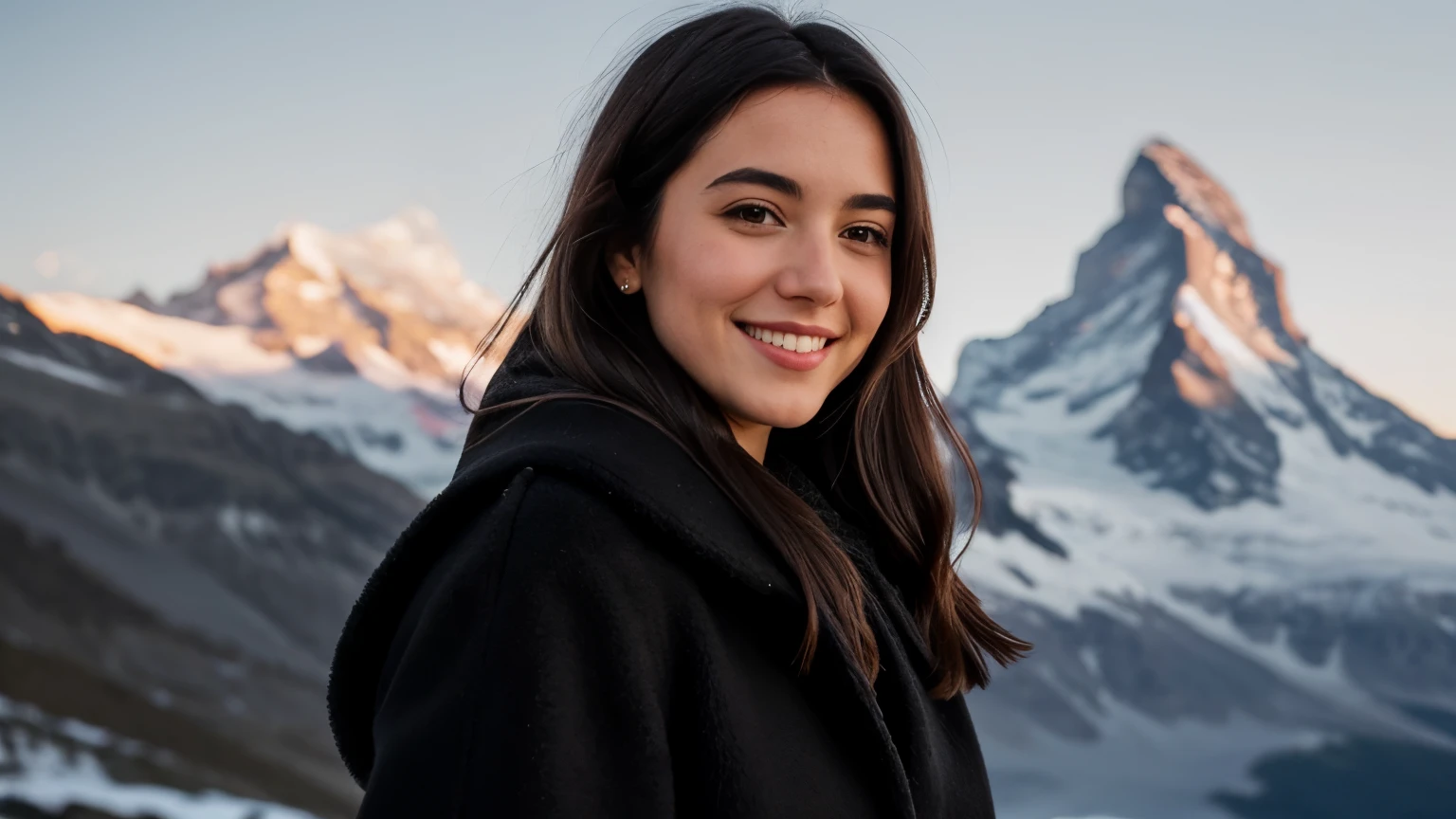 Instagram pictures, French Girl, Shoulder length hair, black hair, Close-up photo, coat, The background is the Matterhorn of Gornergrat., smile a little,