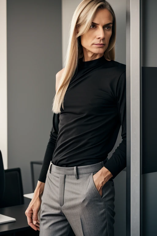 (androgynous male in women's grey pants and a black shirt posing inside a modern office), (50 year old androgynous male face), tall, slender, fair skin, (blonde shoulder length hair), high fashion, wearing women's grey pants and a black shirt, androgynous, feminine male