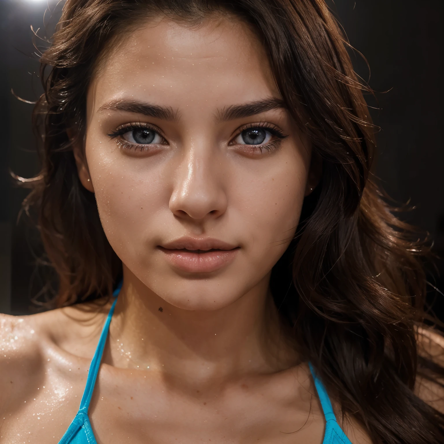 (brazilian,20 years old,Alessandra Lopez), blue eyes,dark long brown hair, full lips, seductive,portrait,realistic,highres,(vivid colors:1.1),(ultra-detailed:1.2),(studio lighting:1.1),(sharp focus:1.1), sexy, in bikini