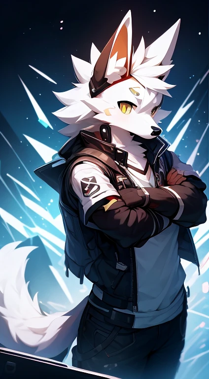cyber punk perssonage,epcot,Tech style,solo person,White body,White ears,White hair,Overall white,Orange-yellow eyes,Wolf tail,Wolf orcs,Young,Wear a short-sleeved shirt,Ultra-clear screen,Soft lines