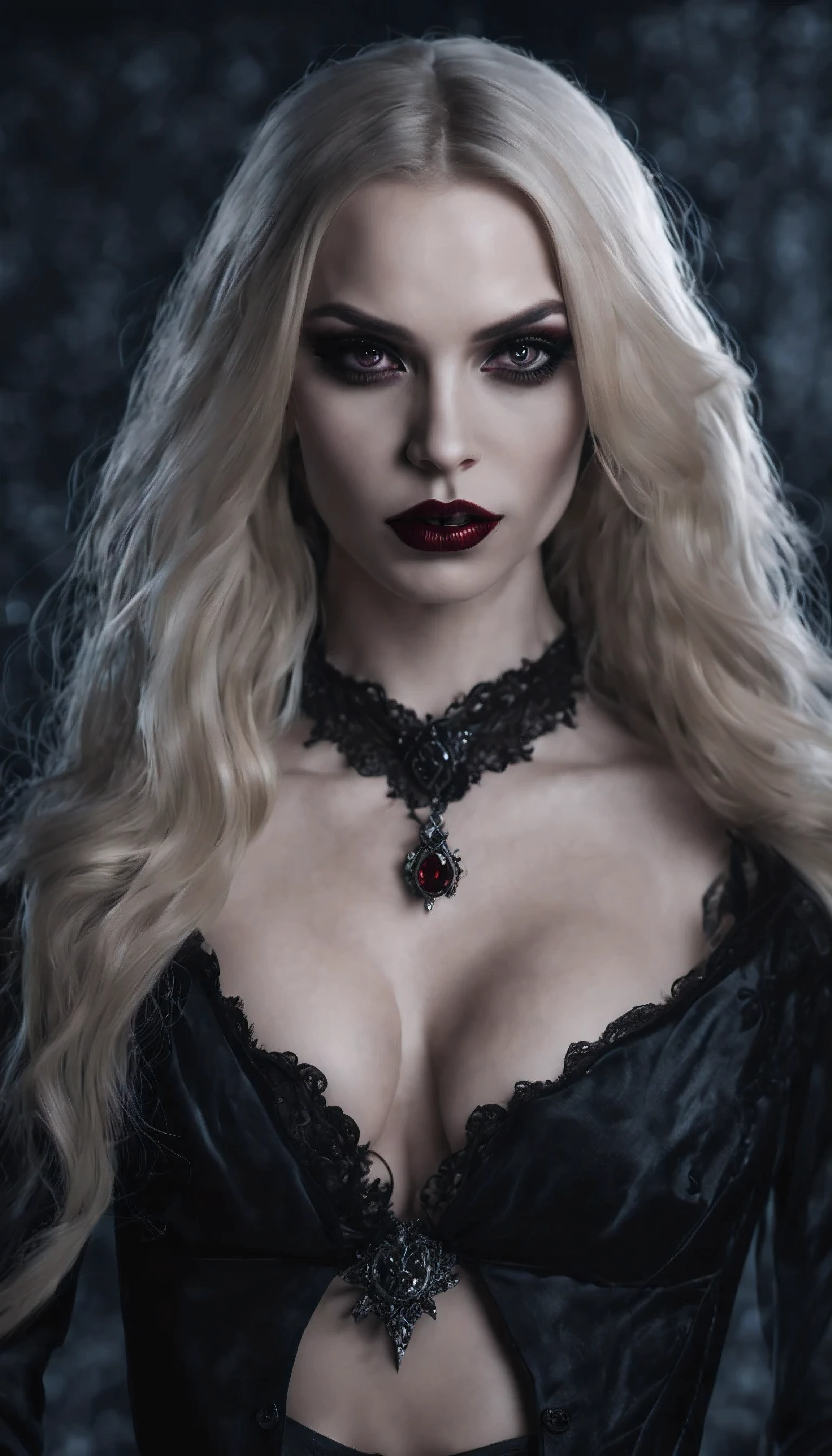 seductive vampire woman, Busty and long blonde hair, realism, pale skin, sharp fangs, dark eyes, loose hair, Gothic attire, Canon,4K, mysterious, Gothic, Sexy beautiful vampire girl, High 8K Image Quality, detailed image 16K.