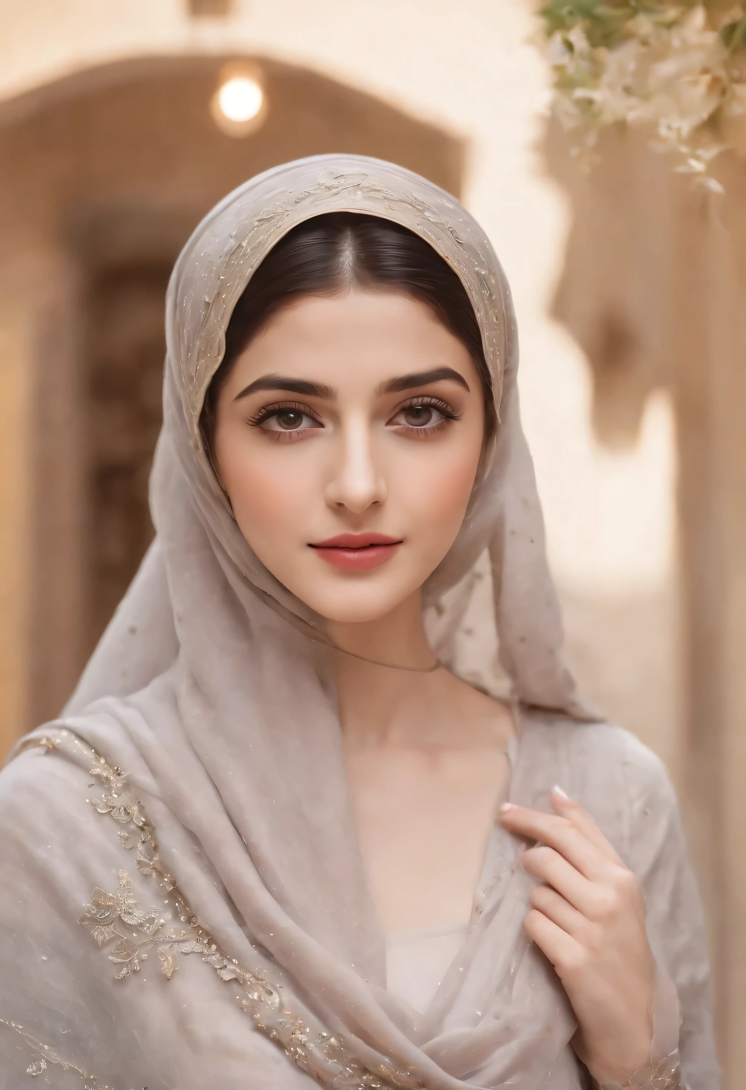 (RAW photo, best quality), (Cuteness Mawra Hocane), (realistic, photo-realistic:1.3), HIJAB OUTFITS DRESS, Hoodie, best quality of Hijab Girl, Full Hijab Dress, highly detailed Hijab, masterpiece, ultra-detailed, illustration, 1girl, upper_body, dynamic angle, world masterpiece hijabi, messy_long_hair, best qua, extremely detailed CG unity 8k wallpaper, ink, Amazing, cinematic lighting,