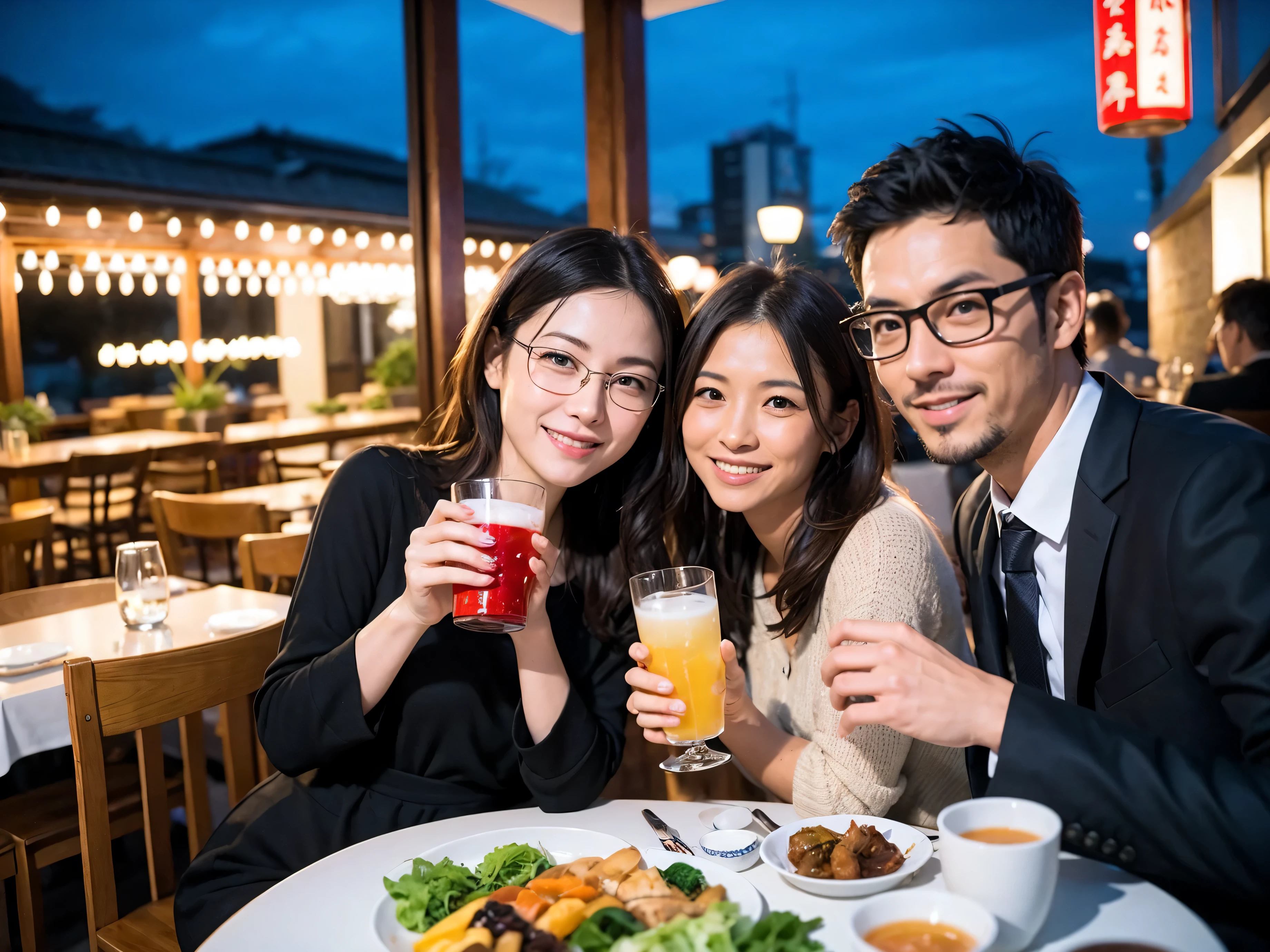 Detailed images that look like they were taken with a high-end camera、party、couple、long sleeve shirt、winter fashion、banquet、Japanese sake、Shochu、hot sake、Japanese sakeファン、I love Japanese sake、because I'thin、Woman drinking alcohol、36 years old、38 years old、Colombia、Brazilian、Japanese、Dutch、German、Portuguese、Belgian、chiri、American、french、Spaniard、Italian、Indian、Englishman、Cut your hair short、brown hair、Beautiful woman with glasses and cup、Japanese sakeグラスとワイングラスには清酒が入っています.、720m of Japanese sake、1.You can also see the 8L sake bottle....、There is also Choshi、adult woman in her 30s、Have a nice smile while drinking alcohol.、The location is a hotel restaurant...、You can see the beautiful night view of the city outside the window...、The floor is the 1st floor、In the background you can see a man and a woman enjoying alcohol....。