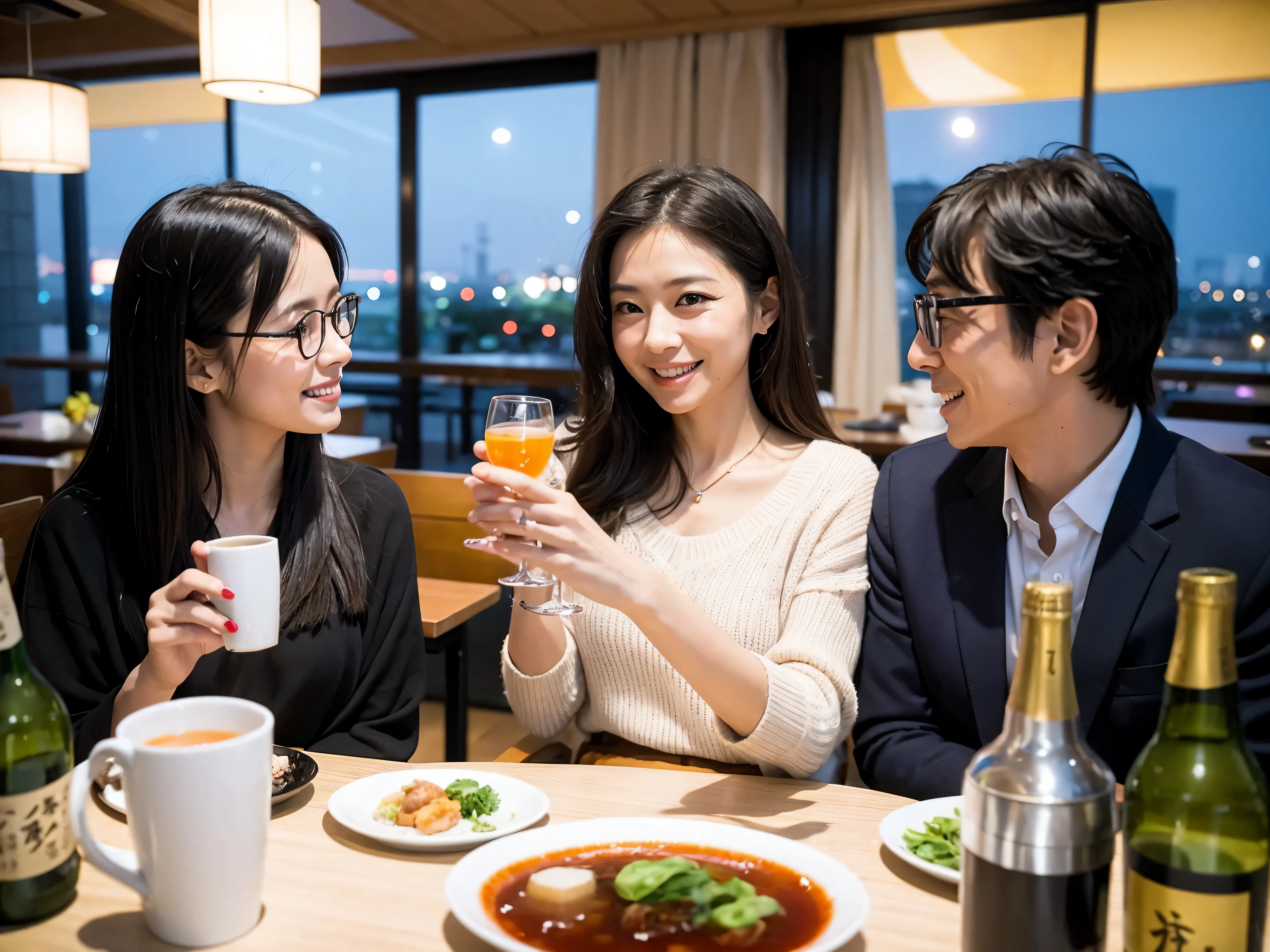 Detailed images that look like they were taken with a high-end camera、party、couple、long sleeve shirt、winter fashion、banquet、Japanese sake、Shochu、hot sake、Japanese sakeファン、I love Japanese sake、because I'thin、Woman drinking alcohol、36 years old、38 years old、Colombia、Brazilian、Japanese、Dutch、German、Portuguese、Belgian、chiri、American、french、Spaniard、Italian、Indian、Englishman、Cut your hair short、brown hair、Beautiful woman with glasses and cup、Japanese sakeグラスとワイングラスには清酒が入っています.、720m of Japanese sake、1.You can also see the 8L sake bottle....、There is also Choshi、adult woman in her 30s、Have a nice smile while drinking alcohol.、The location is a hotel restaurant...、You can see the beautiful night view of the city outside the window...、The floor is the 1st floor、In the background you can see a man and a woman enjoying alcohol....。
