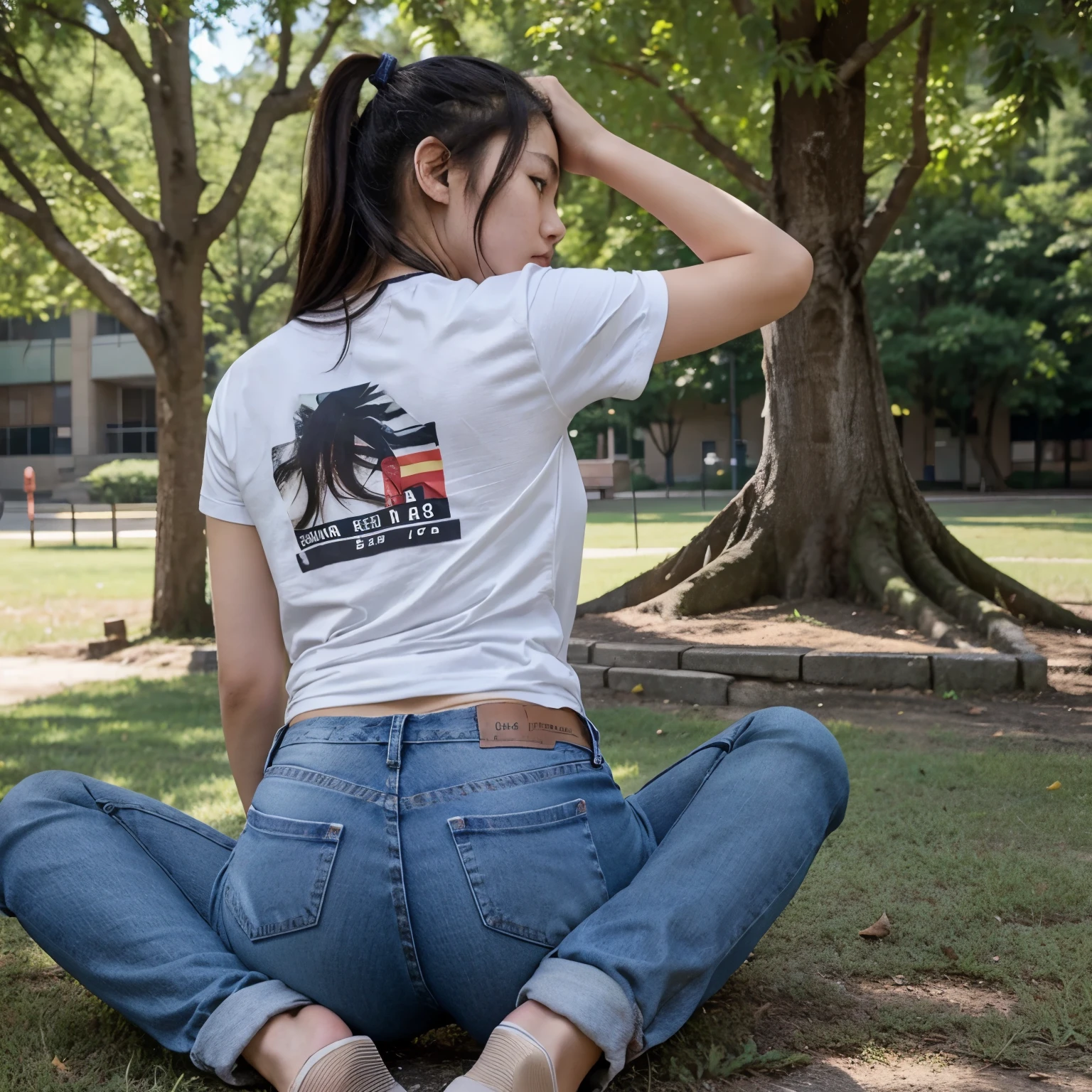 high school student,,Chinese,Wear a T-shirt,wearing jeans,sit on the grass,Back against a tree,Spread your legs,T-shirt is short