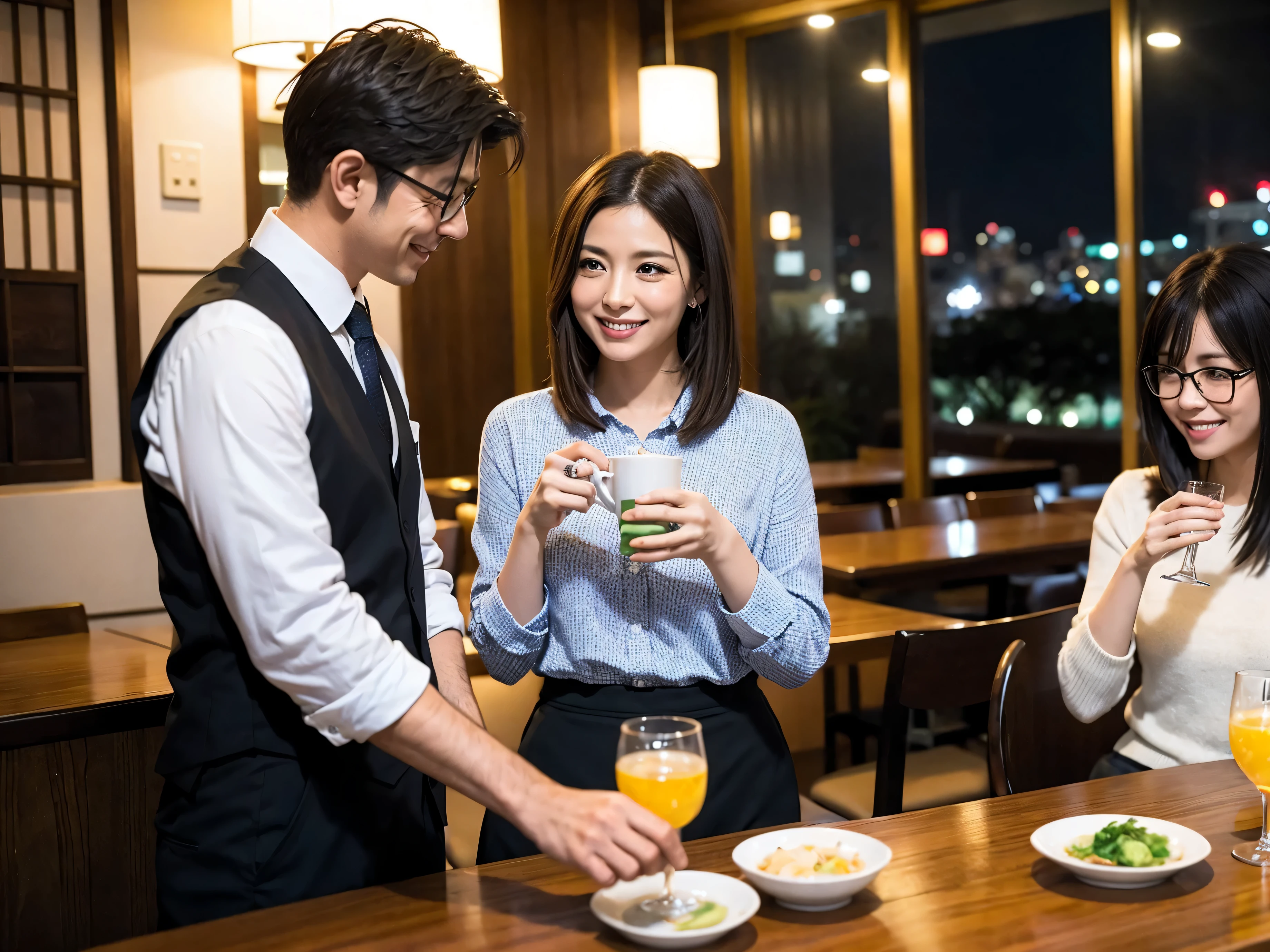Detailed images that look like they were taken with a high-end camera、party、couple、long sleeve shirt、winter fashion、banquet、Japanese sake、Shochu、hot sake、Japanese sakeファン、I love Japanese sake、because I&#39;thin、Woman drinking alcohol、36 years old、38 years old、Colombia、Brazilian、Japanese、Dutch、German、Portuguese、Belgian、chiri、American、french、Spaniard、Italian、Indian、Englishman、Cut your hair short、brown hair、Beautiful woman with glasses and cup、Japanese sakeグラスとワイングラスには清酒が入っています.、720m of Japanese sake、1.You can also see the 8L sake bottle....、There is also Choshi、adult woman in her 30s、Have a nice smile while drinking alcohol.、The location is a hotel restaurant...、You can see the beautiful night view of the city outside the window...、The floor is the 1st floor、In the background you can see a man and a woman enjoying alcohol....。