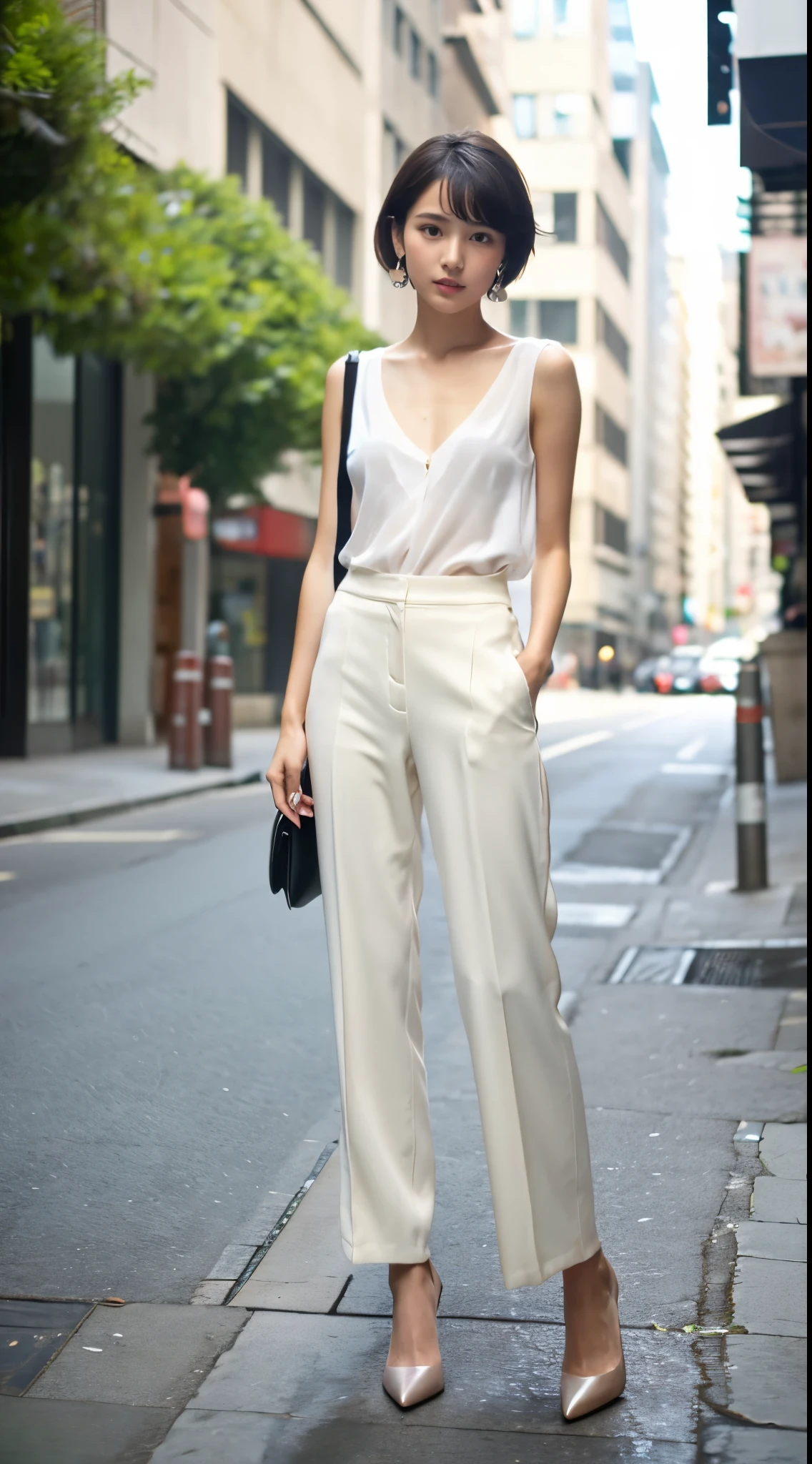 Ultra-clear resolution,Wonderful young girl,short hair,earrings,clear eyes,Without makeup,lip gloss,perfect face,Perfect chest,slender legs,see through top,Loose trousers,pointed toe high heels,empty streets