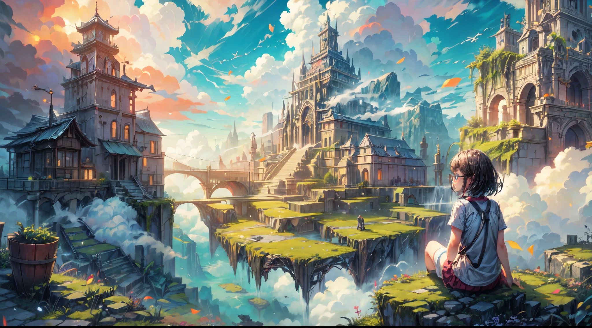 shinkai Mokoto and Ghibli anime style, from behind,above the cloud,a girl in adventure outfit sitting on a mossy stage looking at the majestic lost city and the giant world tree next to it, lost city above the cloud and towering sky, magical glowing partical, vibrant dreamy colorful sky and fluffy clouds, books, apple, glasses, calm,petal,wind blowing hair,sun shine