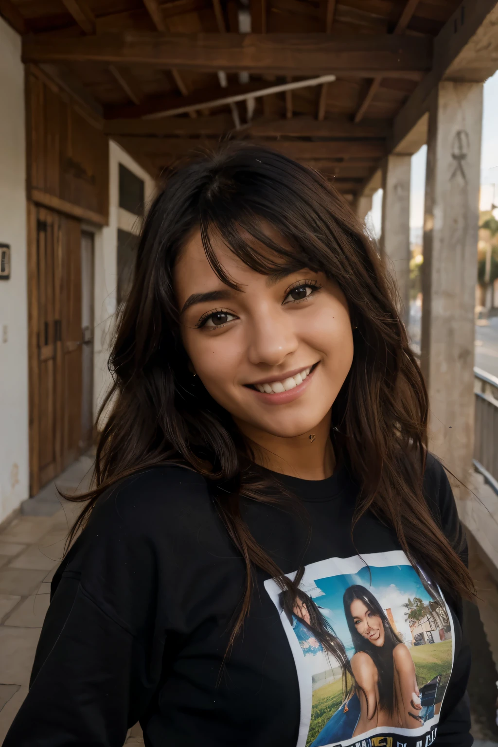 (Mejor calidad, high resolution, ultra detallado), Chica emo morena alemana con pelo rizado, Sudadera con capucha negra,falda,sonriendo