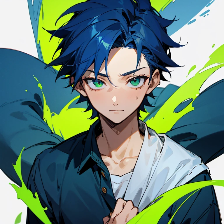 1 boy, 15 year old boy, dark blue hair, green eyes, casual cloth, thinking, nervous