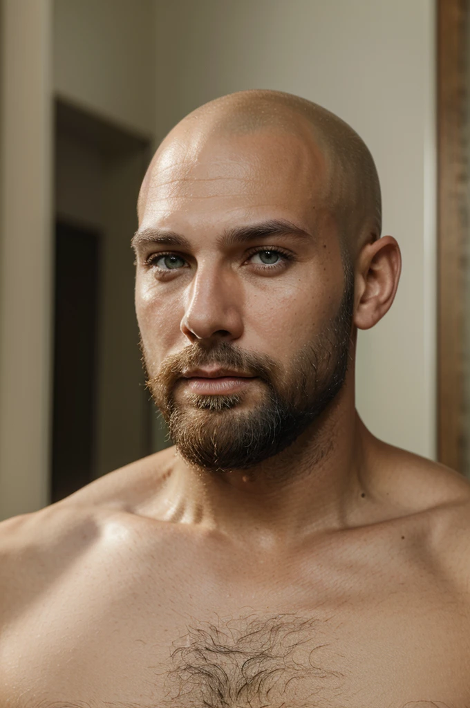 Ultrarealistic top model bald man Green eyes Brown beard White skin Madrid Handsome 