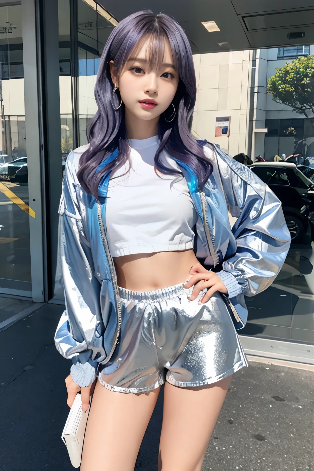 female idol、 silver tight shorts、Full body Esbian、、 、Shiny Blue Jacket、colorful hair