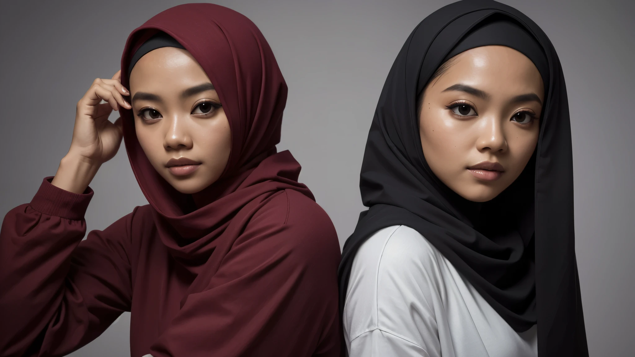 1 malay women in dark red hijab wearing big oversized long sleeve white Tshirt and a dark red cargo pants in studio, cute pose, 8mm lens, close-up, pastel color grading, depth of field cinematography effect, film noir genre, 8k resolution, high quality, ultra detail,