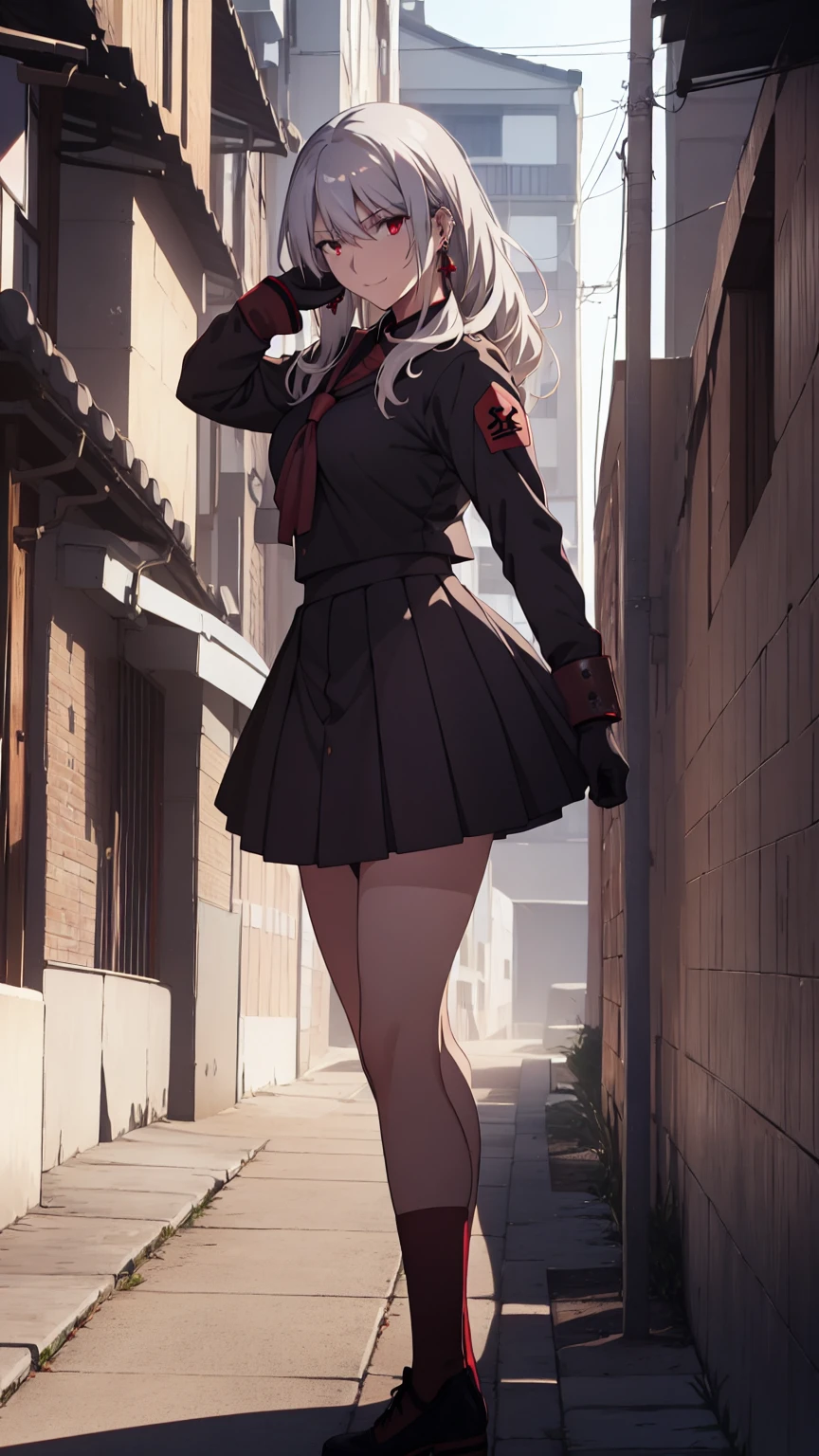 sukeban illyasviel_von_einzbern, mature_female, silver hair, holding yoyo, combat pose, full body, flowing hair, hair between the eyes, asymmetrical hair, red eyes, delicate facial features, sukeban deka clothe, looking_at_viewer, outdoors, background tokyo, ((solo girl:1,5))+++++,woman in a 80's sukeban seifuku standing on a set of strees, black , 80's japanese sukeban photo, sukeban seifuku, 80's japan, sukeban, long black skirt, red converse, full body, light skin tone female, full body, tape, arm_support, gloves, red_gloves, bridal gauntlets, blackred_footwear, fighter outfit, full body, hourglass, mature face, cheeky smile, cheeky face, wrinkles,( silver long hair, earrings, ear piercings), realistic, (fighting art, Martial arts, standing, fighting_stance, fight, fighting), extra colors, 2D, megapixel, perfectionism, accent lighting, full HD , 4K, masterpiece, empty red eyes