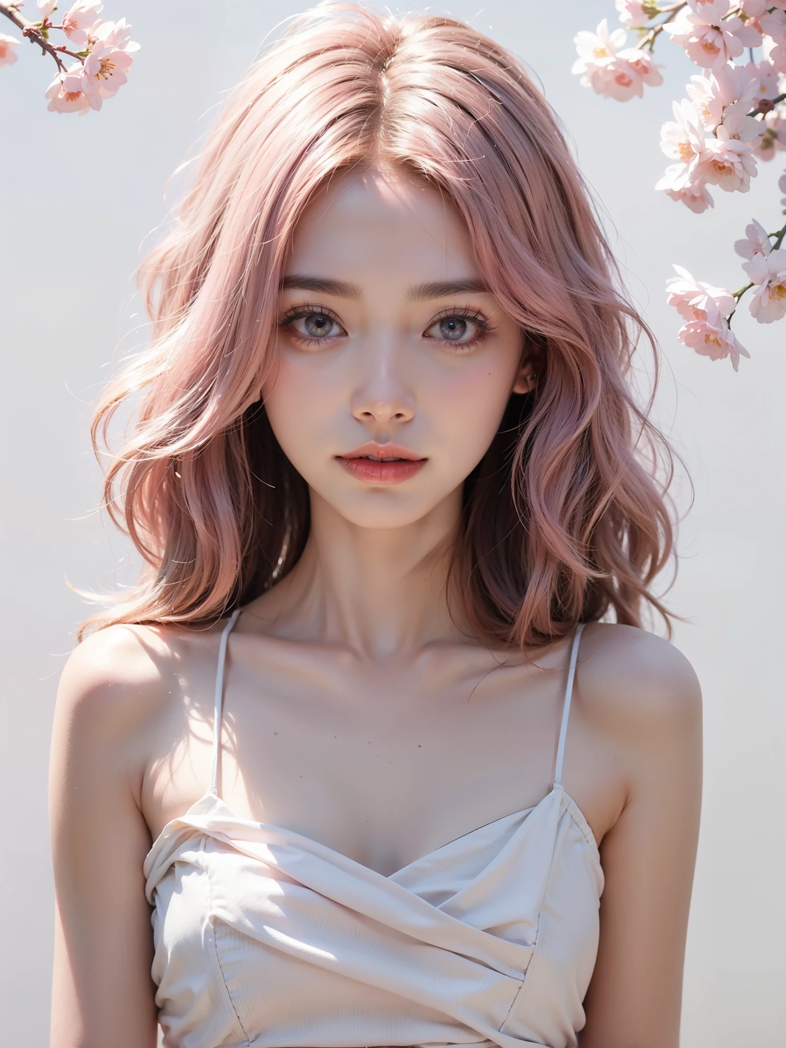 Light pink hair, pink eyes, pink and white, sakura leafs, vivid colors, white dress, paint splash, simple background, ray tracing, wavy hair