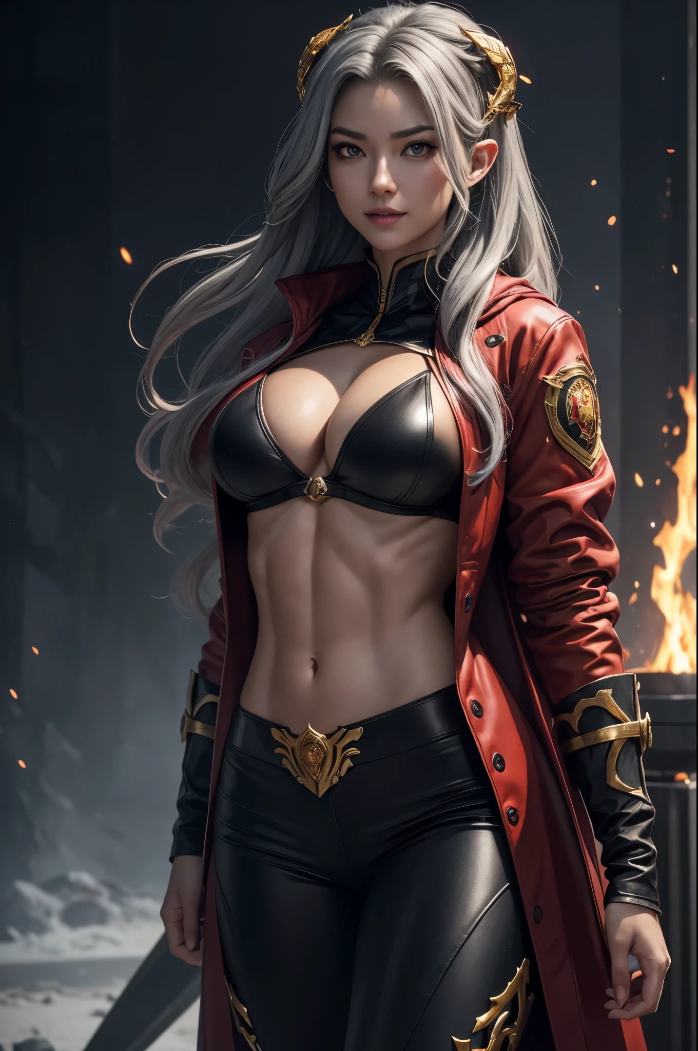 8K,2大きな牙を持つgray hair perm hair,Close-up of a queen with very large breasts in a red jacket(Super realisticな肌), Super beautiful(like the real thing),elf ears,2. 5d CGI fantasy artwork,portrait of queen of the underworld, Highly detailed ArtGerm, types of bacteria ; 3Dunreal engine, devil empress, wallop loss draw, up to the model | types of bacteria, Alexandra Fomina Artstation, beautiful succubus　surreal　Precise details　unreal engine,big fangs from the mouth,ultra high resolution,Super realistic,luxurious black and gold pants,sexyな衣装,Precise demon emblem work,Muscular and slim body macho,Muscular slim leg macho,gray hair perm hair,rich colors, Backlight, cinematic lighting, film grain, born, 50mm lens, Nikon D850,ultra high resolution,Super realistic,Makeup,sexy,evil smile,I see big fangs,激しくstrongly cracked abdominal muscles,golden eyes,Big eyes,very big breasts,whole body muscular,wear a luxurious red jacket,Super is the moon９strongly cracked abdominal muscles,dark purple eyeshadow,battle scene,action scene,action pose,big breast god,red and orange gauntlet,