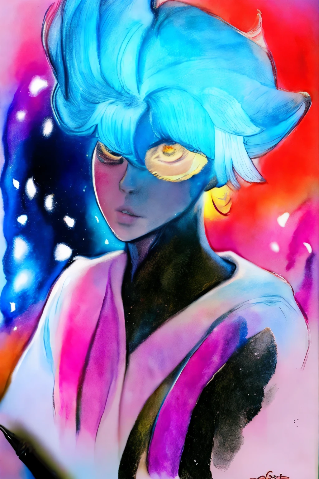 highest quality, masterpiece, ultra high resolution,( watercolor \(Moderate\), IrisCompiet:1.2), surrealism, dream-like,
black eye galaxy, ((abstract art)),