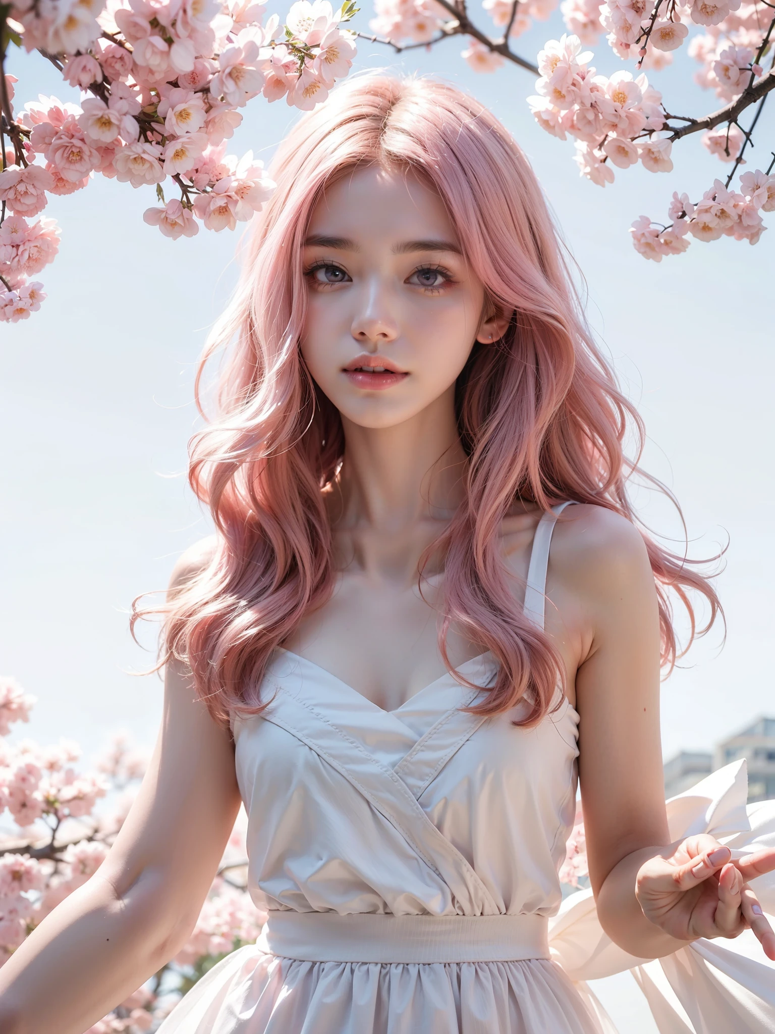Light pink hair, pink eyes, pink and white, sakura leafs, vivid colors, white dress, paint splash, simple background, ray tracing, wavy hair