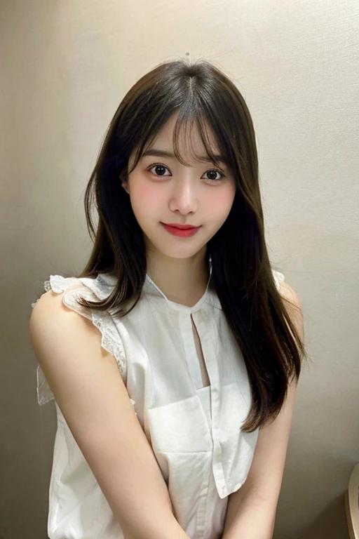 highest quality、figure、super detailed、finely、High resolution、8k wallpaper、Face、完璧なダイナミックな構figure、beautiful and fine eyes、White sleeveless blouse、straight hair、small breasts、natural color lip、smile、indoor、20 year old girl、cute、perfect and beautiful face、blur the background、(looking away:1.4)、(downcast eyes:1.4)、(
look at smartphone:1.4)、Close ~ eyes