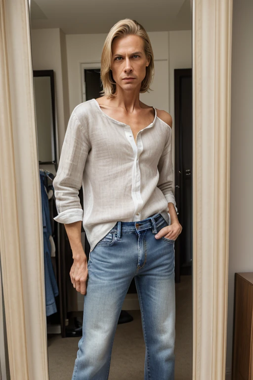 (androgynous male posing in front of a dressing room mirror wearing women's jeans and a linen shirt), (50 year old androgynous male face), (visible bulge in crotch of jeans), tall, slender, fair skin, (blonde shoulder length hair), high fashion, androgynous, andogny, feminine male