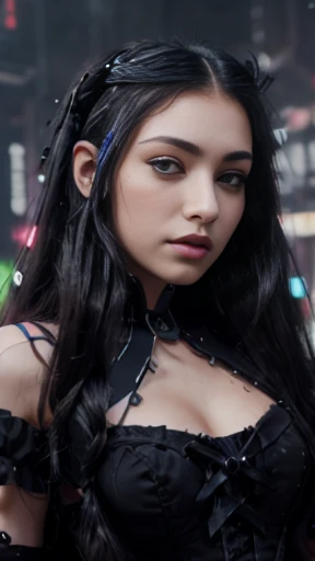 (((Masterpiece, top quality, ultra-detailed))), (((1 Infinity Mage Girl))), , (((very detailed face))), small thin nose, small thin-lipped mouth, (((very sharp focused eyes))), very large slit precision pale grey eyes, sparkling like jewels. Very long eyelashes, long black hair in black vertical curls, with fringes, ((cyberpunk fashion, Gothic Lolita fashion))