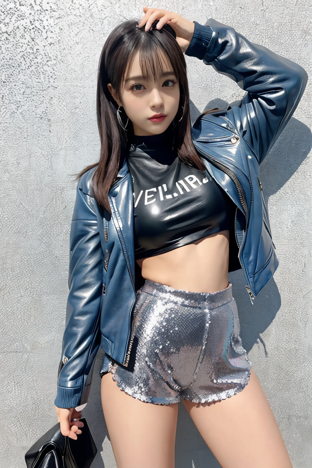 female idol、 silver sequin tight shorts、Full body Esbian、、 、Leather Blue Jacket