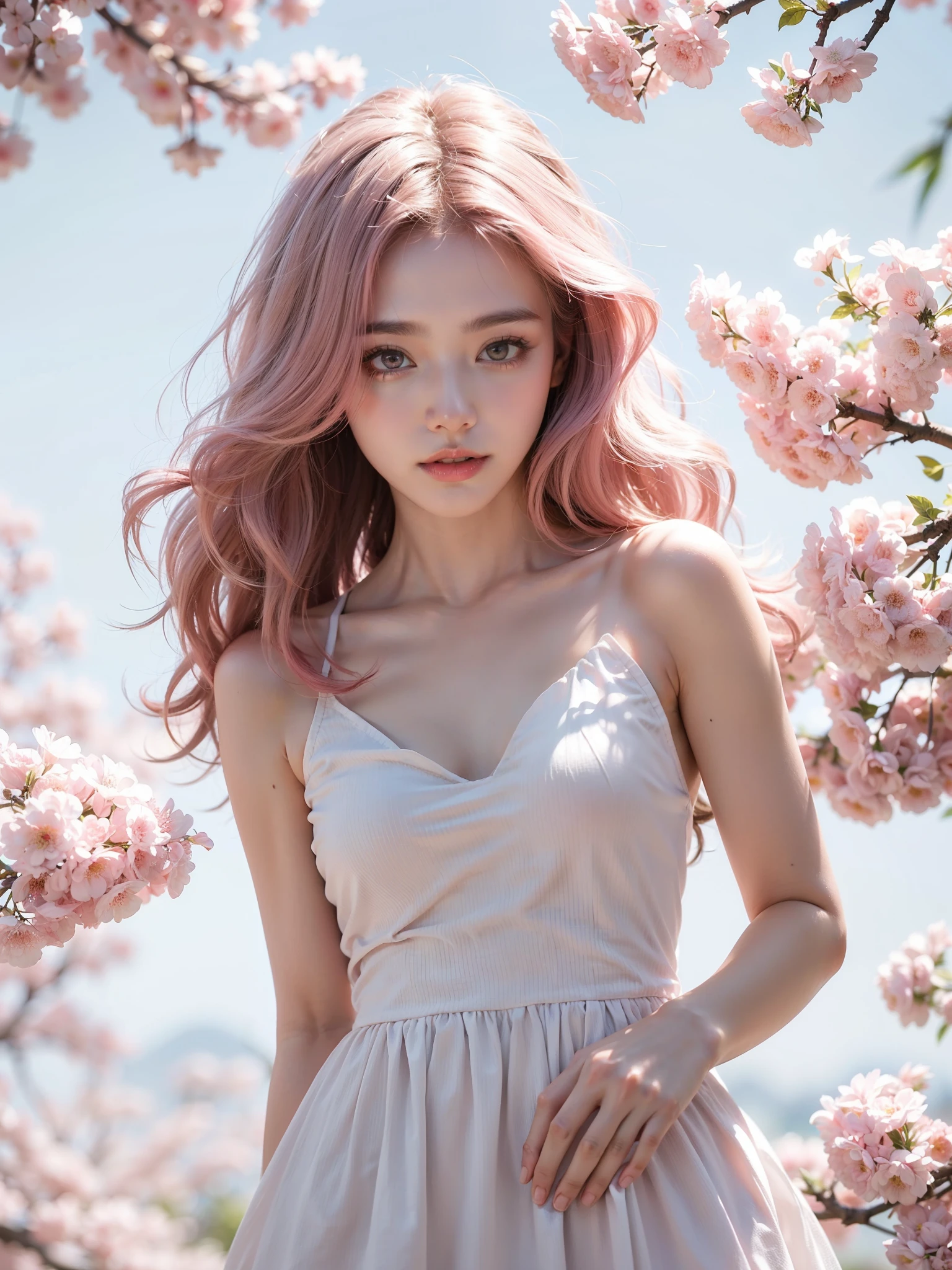 Light pink hair, pink eyes, pink and white, sakura leafs, vivid colors, white dress, paint splash, simple background, ray tracing, wavy hair