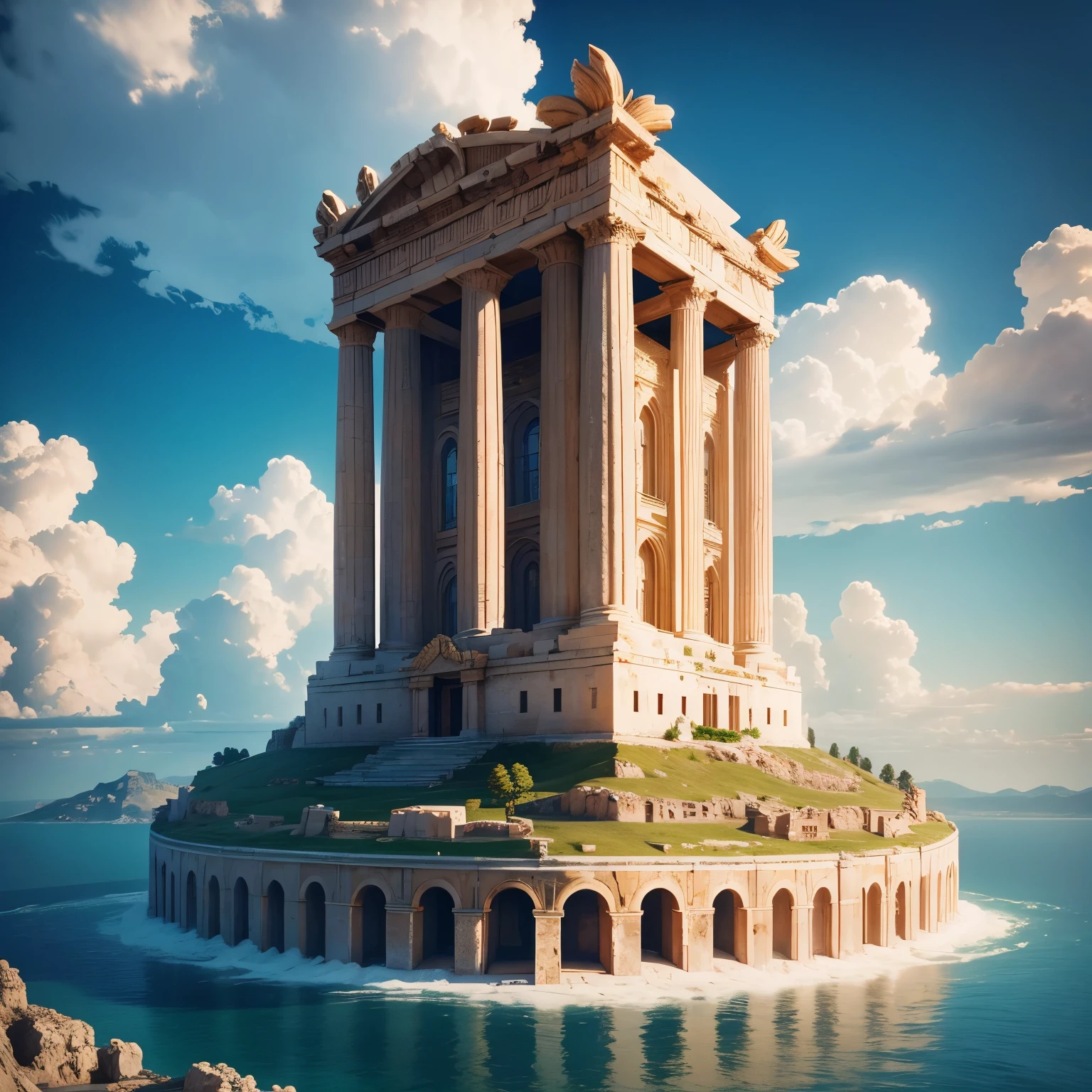 Greek classical mythology style,an island floating in the sky, palace of god king zeus,Clouds and gorgeous palace architecture, Super details, high detail, high quality, 8k, Exudes mystery and peace,