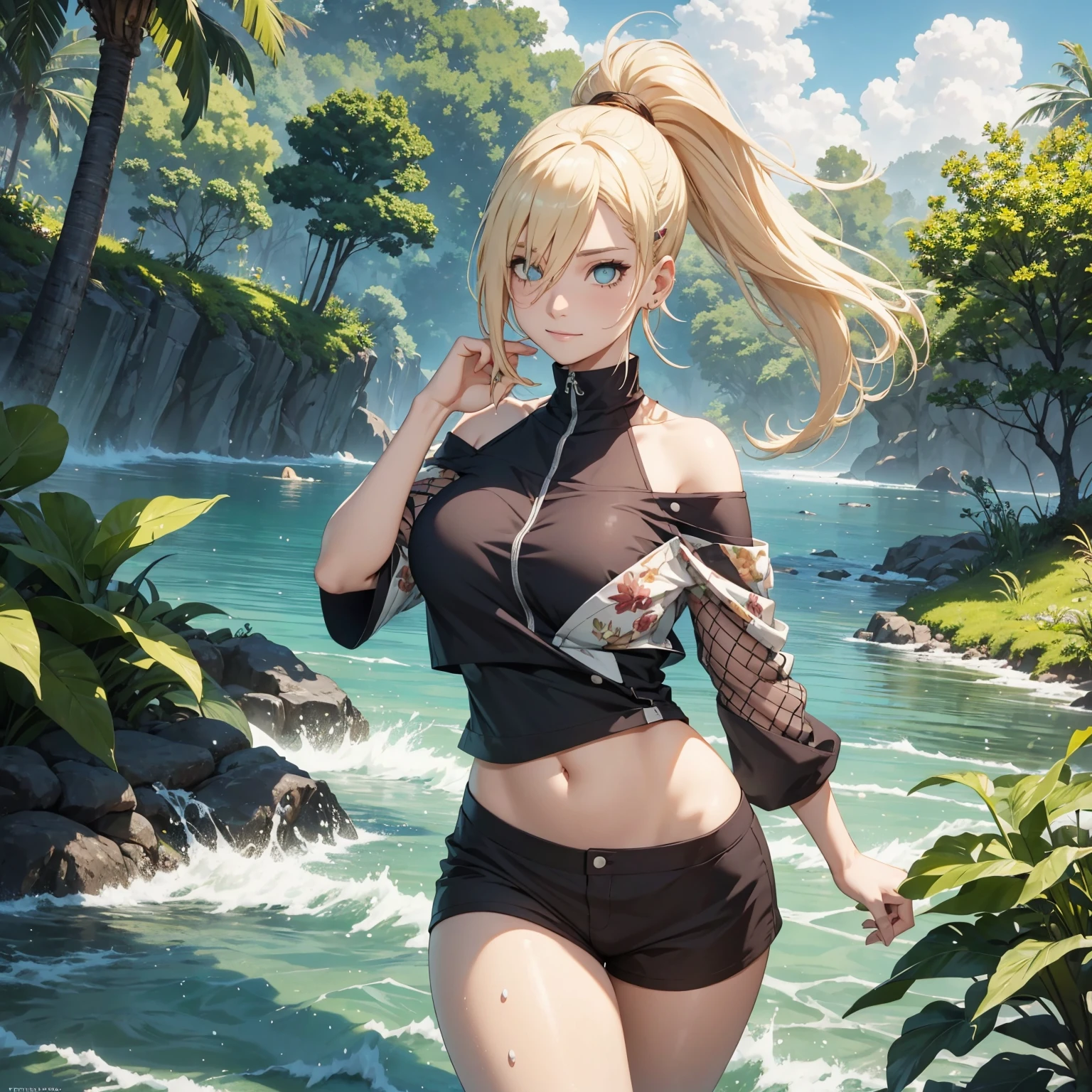 (In 8K、masterpiece, Tabletop、Highest quality, Ultra-high resolution, Highest Resolution, Very detailed,bright gravure lighting、Near and far、Sharp focus:1.4、 (High Dynamic Range)、(Hyper Detail、Fine details)、Expansive scenery of realistic Red Rock Canyon、Complex and realistic scenery、realistic rock texture、Detailed rock surface、clouds flowing like a river、Panoramic Photos, Wide-angle perspective, Breathtaking landscapes, An oasis with a spectacular view, Visual depth, Breathtaking views,lake with oasis、kneel on a rock、Beautiful woman、１people、(Realistic skin texture, Photorealistic))、((Detailed face,Round face contour: 1.4,Beautiful Face,Glossy, plump lips、Beautiful eyes in every detail, Beautiful eyelashes, blue eyes, Almond Eye、Perfect Eyes))、Blonde、half 、ponytail(High Top Fade:1.3)、Side braid、Fluttering Hair,Beautiful and perfect body(Beautiful and perfectly proportioned body)、Glowing Skin、White Micro Bikini、(Small swimsuit)、Huge boobs、beautiful bell-shaped chest、Slim and beautiful waist、Beautiful Abs、上を向いた美peopleの背中、Open legs,squat,barefoot(barefoot), close (ビューをclose 1)