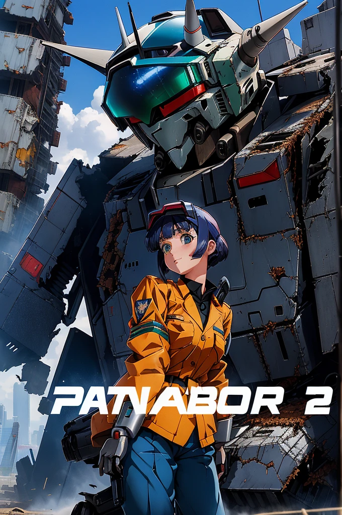 ((ground_destroyed robot from Patlabor, destroyed civil robot from Patlabor, Ingram of Patlabor))++, brown_hair, jacket, sitting, gloves, long_sleeves, pants, patlabor, 1girl, sky, necktie, yellow_neckwear, riding, shirt, outdoors, police_uniform, collared_shirt, vest, bangs, day, police, smile, white_shirt, blue_sky, standing, shoes, short_hair, blue_jacket, city, from_side, looking_down, headwear_removed, straddling, oldschool, black_footwear, ((patlabor_uniform, gun, blue_background, shadow, white_gloves, giant robot, science_fiction, blue_pants, boots, bowtie, 1990s_(style), holding, looking_away, open_clothes, black_neckwear, closed_mouth, police woman, open_jacket, blazer, wing_collar, cloud, looking_afar, black_jacket, Ingram of Patlabor in backgroud, destroyed robot in backgroud, destroyed robot from Patlabor))