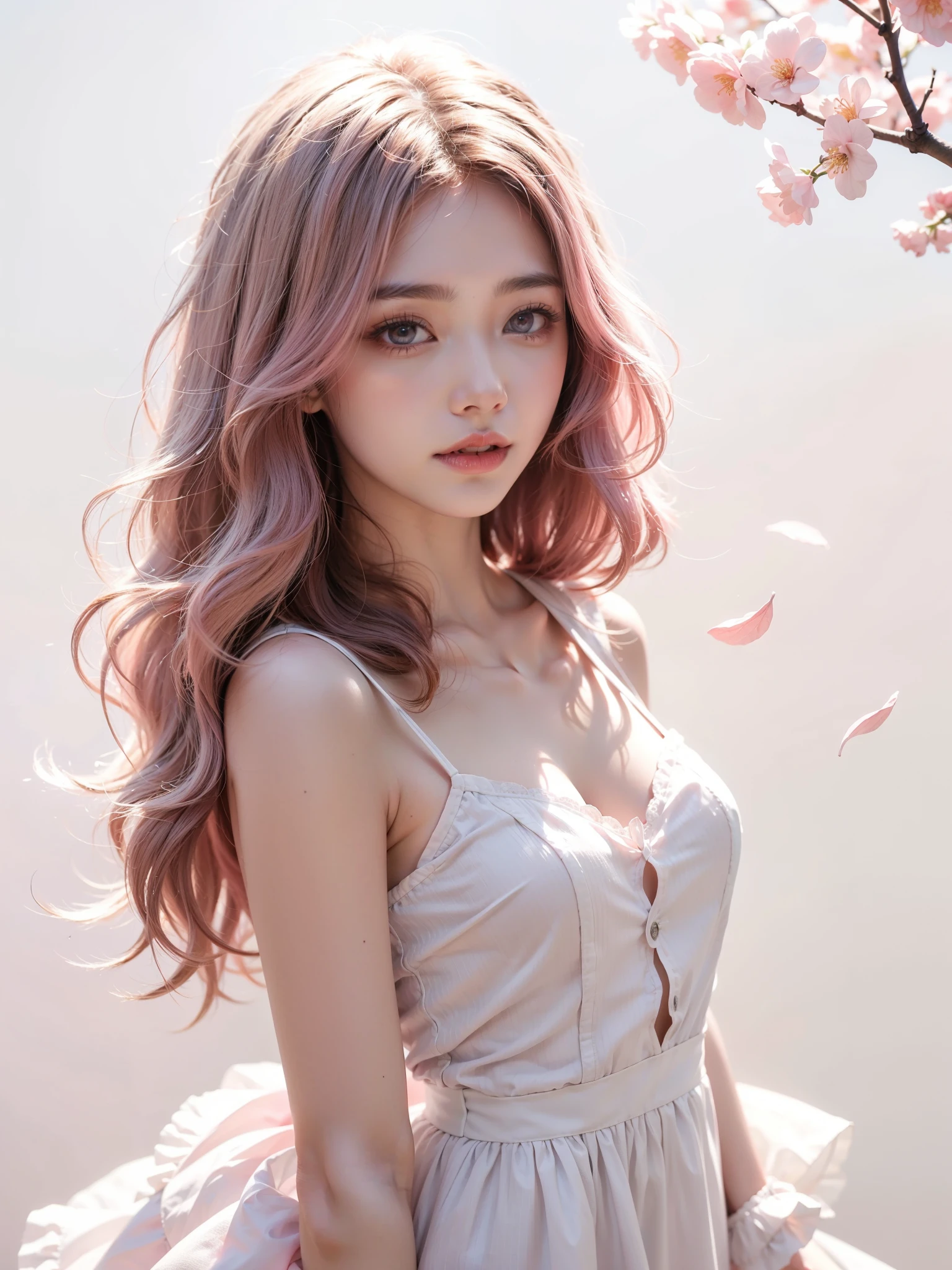 Light pink hair, pink eyes, pink and white, sakura leafs, vivid colors, white dress, paint splash, simple background, ray tracing, wavy hair