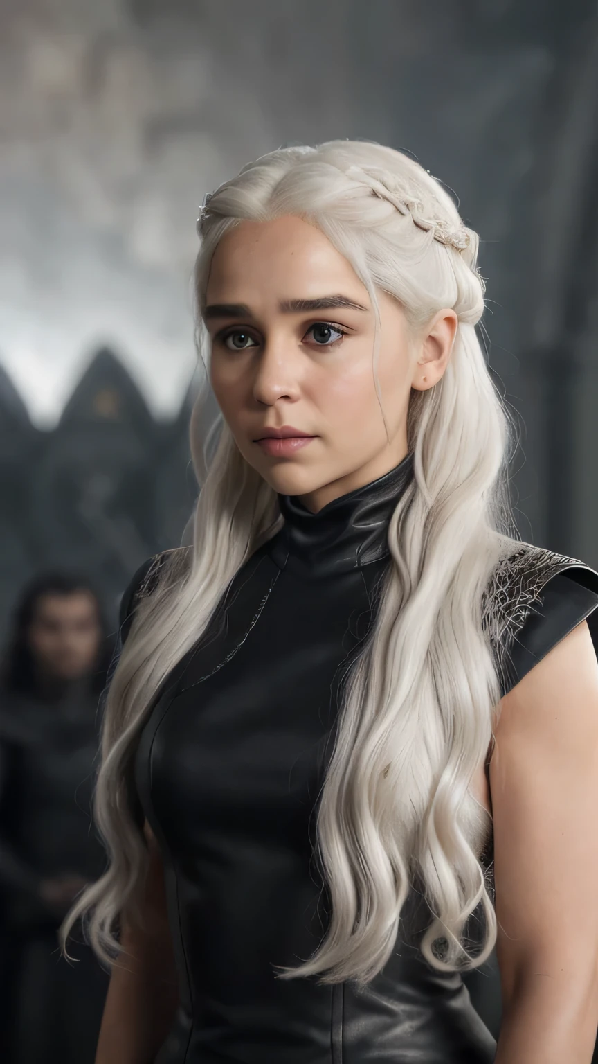 white hair, black clothes,Face to the front,half body view, raw photo of Daenerys Targaryen, highly detailed, arts station, smooth, sharp focus, 8k, trending on instagram, Trending on Tumblr, HDR 4K, 8k,looking at camera,film stock photograph
