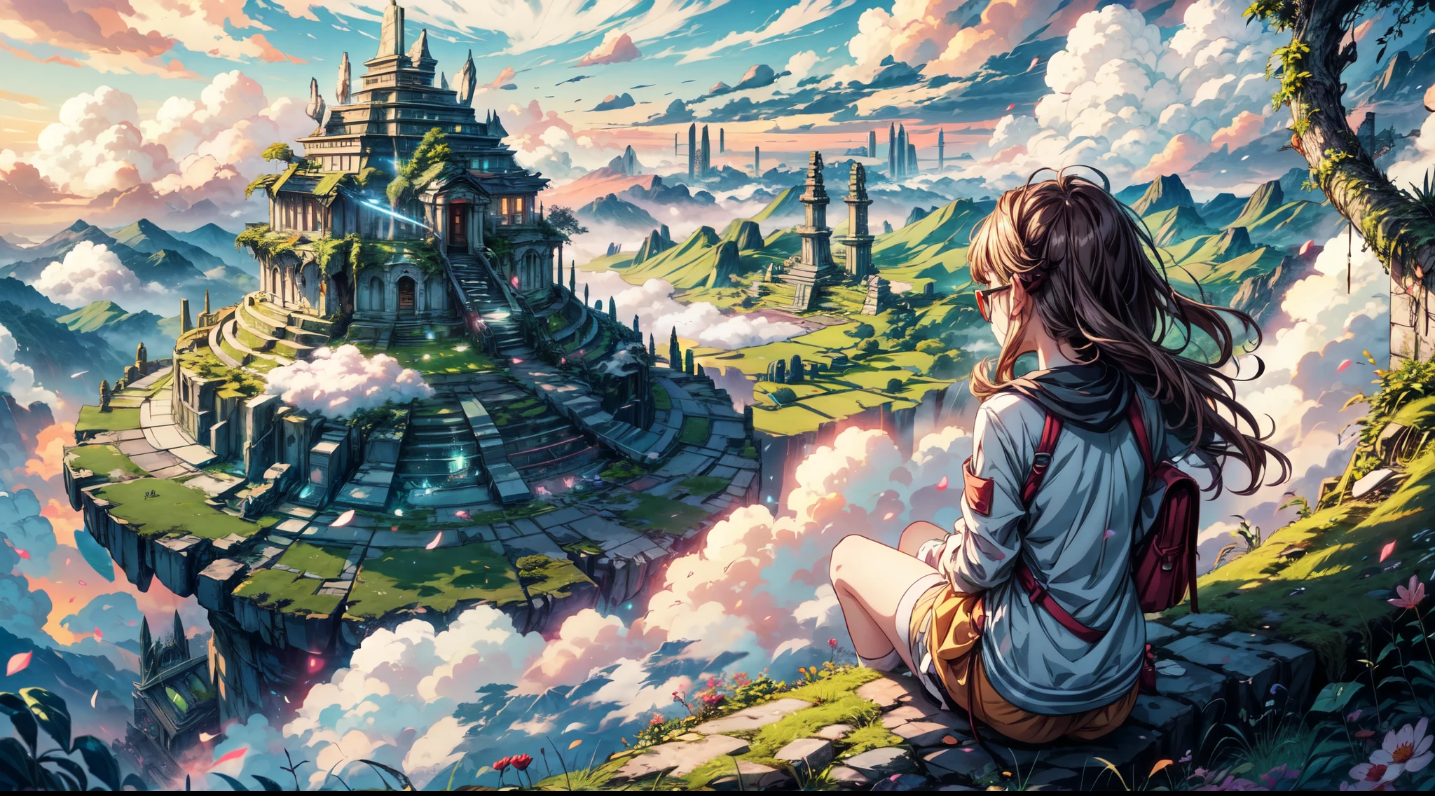 shinkai Mokoto and Ghibli anime style, from behind,above the cloud,a girl in adventure outfit sitting on a mossy stage looking at the majestic lost city and the giant world tree next to it, lost city above the cloud and towering sky, magical glowing partical, vibrant dreamy colorful sky and fluffy clouds, books, apple, glasses, calm,petal,wind blowing hair,sun shine