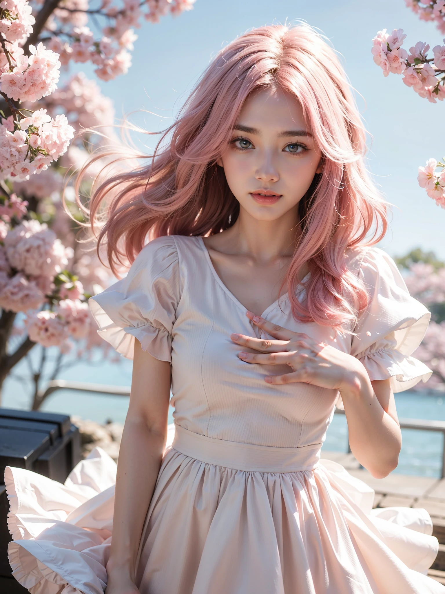 Light pink hair, pink eyes, pink and white, sakura leafs, vivid colors, white dress, paint splash, simple background, ray tracing, wavy hair