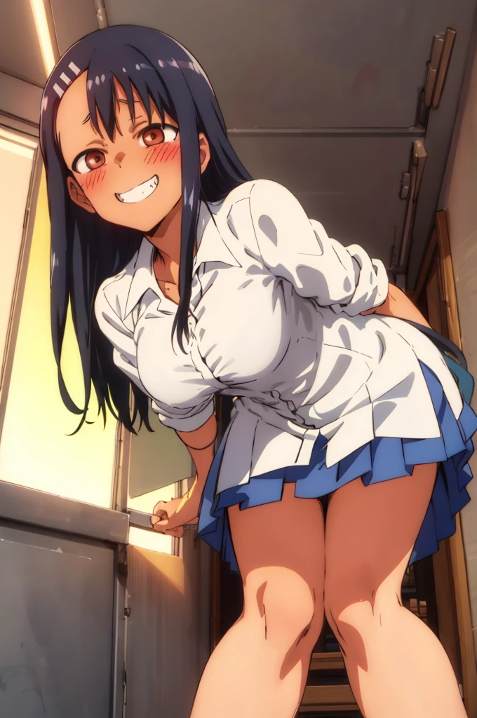 nagatoro hayase, blue skirt, cleavage, small breasts, (from below:1.2), bent over, grin, blush, best quality, masterpiece, perfect lighting, arms behind back, big ass, back view, horny face,