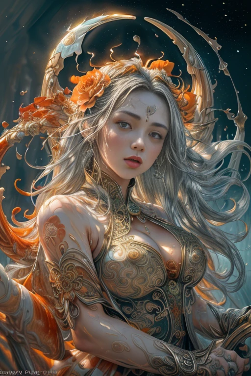 (8k, RAW Photo, Best Quality, Masterpiece: 1), (Photoreal: 1.2), Sharp Focus, Jupiter, Splash Art, (Close-up Liquid Luminous Moon Lady Made of Color), Beautiful Face, Detailed and Perfect face, ((silver, red, orange, light yellow, gray golden, liquid fire peony flower, filigree, filigree details, swirling flame, galaxy, color drop, color wave, moonlight, colorful paint splash style, highly detailed and intricate, unreal engine, fantastic, intricate details, splash screen, complementary colors, fantasy, concept art, 8k resolution, masterpiece, oil painting, heavy strokes, paint dripping, splash art, fantasy art , concept art, Perfect composition centered, complex pose, intricate design,)),