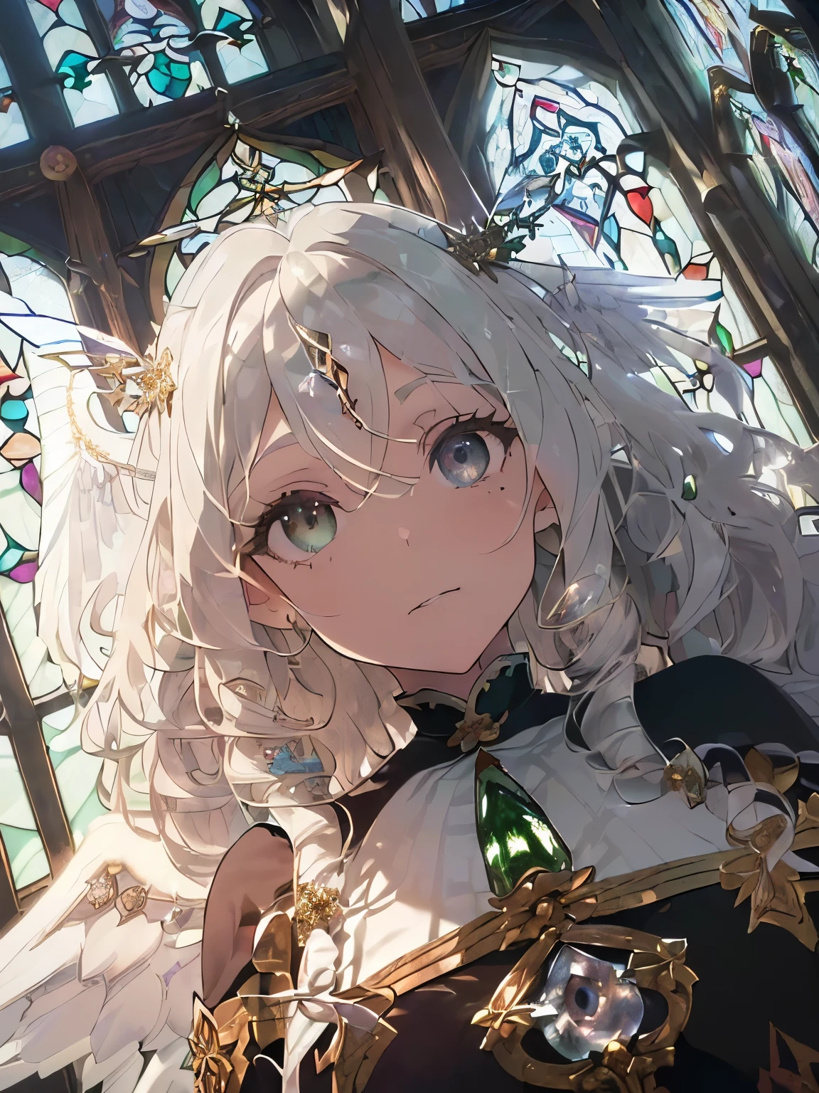 (luxuriously decorated church:1.35),(Stained glass wall:1.4),((long hair with curls:1.3)),((monastic clothes:1.35)),((crystal clear accessories:1.2)),(extra large angel wings:1.4),(white、green、Money、black),((eye size:1.5)),(close up of face:1.45),((perspective from below:1.4)),(is fluttering in the wind:1.5),
