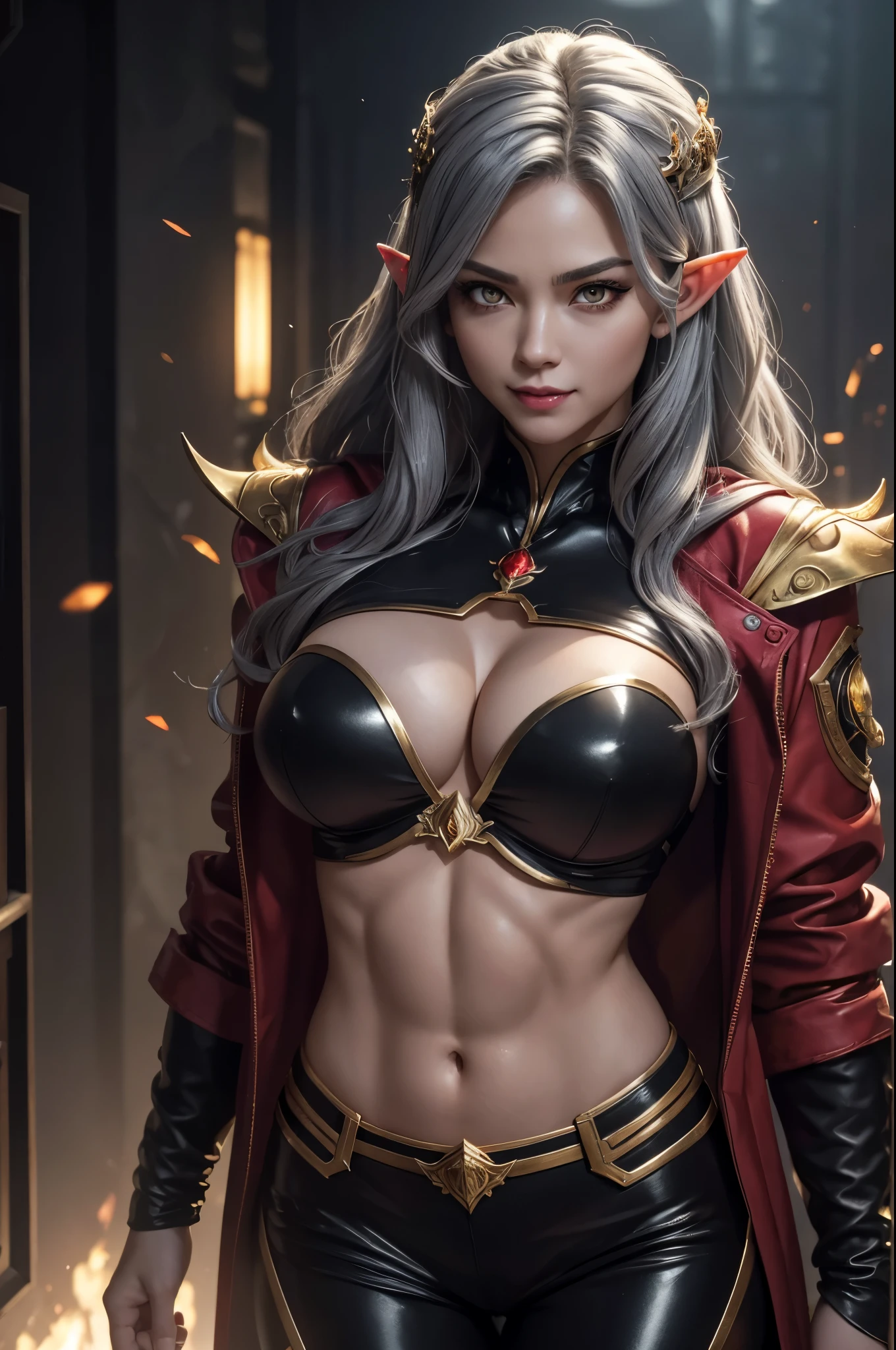 8K,2大きな牙を持つgray hair perm hair,Close-up of a queen with very large breasts in a red jacket(Super realisticな肌), Super beautiful(like the real thing),elf ears,2. 5d CGI fantasy artwork,portrait of queen of the underworld, Highly detailed ArtGerm, types of bacteria ; 3Dunreal engine, devil empress, wallop loss draw, up to the model | types of bacteria, Alexandra Fomina Artstation, beautiful succubus　surreal　Precise details　unreal engine,big fangs from the mouth,ultra high resolution,Super realistic,luxurious black and gold pants,sexyな衣装,Precise demon emblem work,Muscular and slim body macho,Muscular slim leg macho,gray hair perm hair,rich colors, Backlight, cinematic lighting, film grain, born, 50mm lens, Nikon D850,ultra high resolution,Super realistic,Makeup,sexy,evil smile,I see big fangs,激しくstrongly cracked abdominal muscles,golden eyes,Big eyes,very big breasts,whole body muscular,wear a luxurious red jacket,Super is the moon９strongly cracked abdominal muscles,dark purple eyeshadow,battle scene,action scene,action pose,big breast god,red and orange gauntlet,超激しく強いaction pose,