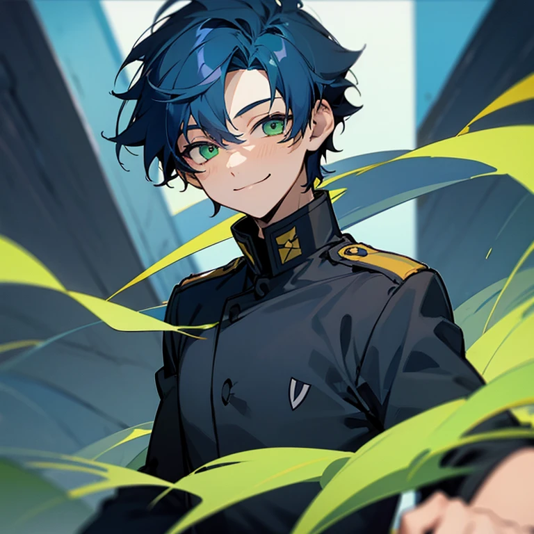 1 boy, boy, dark blue hair, green eyes, black uniform, nervous, smiling