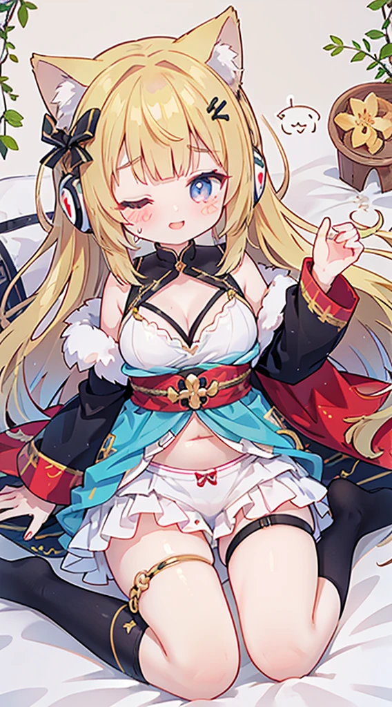 一个girl、without wearing shoes,(((((((((Mechanical prosthetics))))))))),silver wolf,cyberpunk,earphone,Double tail,shy,blush、masterpiece、Top image quality、top quality,动物ear,Yellow-haired,(black stockings or white socks )、精致的Eye、beautiful girl、Plump cheeks、ribbon、kawaii、、leg rings,Off the shoulders,Navel exposed,((cute big breast)),swimsuit,Hairpins,Bangs,Stretch out,hands raised overhead,armpit,Close your eyes,The face is red,open mouth,sweaty,Soaked all over,hand on underpant,Vaginal Opening,do the splits,Separate legs,Cleavage of breast,walnut,Nasida,ghost,plant,Yuzu,Loving pupils,stick out tongue,Being Molested,Abuse,tears,Lying in bed,((masterpiece)), ((best quality)), ((cartoon)) girl, ((Princess character) zelda))、((beautiful body))、pale skin、((Eye))、Eyebrow、((ear))、hapiness、Smile、hair、((hair高光效果))、((clothing))、(arm)、thin waist、((Thick legs))、((thigh))、stand、((background scenery))、((old world))、(See))、((hair摆动))、((flower field))、((Mountain))、((Leaves fly))、((Beautiful day))、pov、((Audience view))、((Want to hug))、((rosy))、,