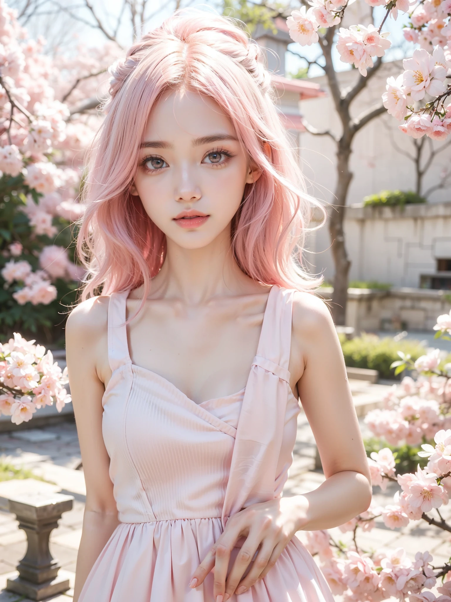 Light pink hair, pink eyes, pink and white, sakura leafs, vivid colors, white dress, paint splash, simple background, ray tracing, wavy hair