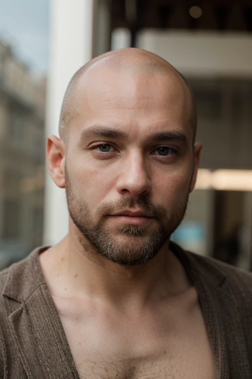 Top model bald man Green eyes Brown beard White skin
