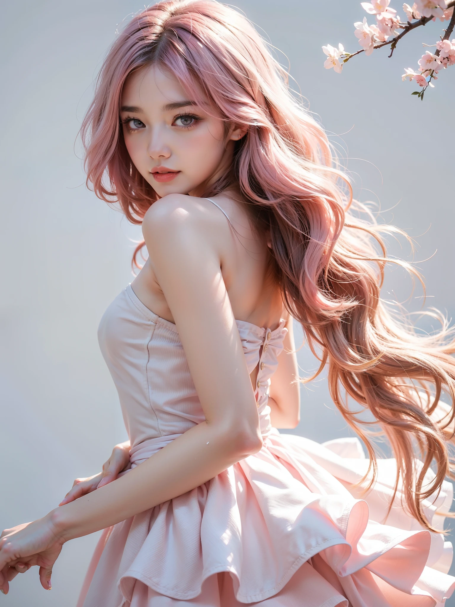 Light pink hair, Pink Eyes, Pink and white, Vibrant colors, White Dress, Paint splashes, Simple Background, Ray Tracing, Wavy Hair