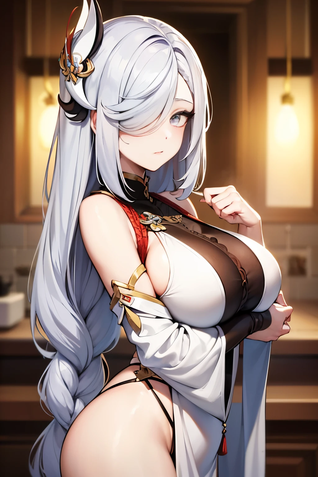 ShenheV4, (Shenhe wearing bathrobe), white robe, solo, (mature:1.2), beautiful face, (detailed eyes), symmetric eyes, glossy lips, (long hair, grey hair, braid, hair over one eye, hair ornament), (beautiful round breasts), voluptuous body, slim waist, (masterpiece, best qualty), standing, front view, vivid colors, studio lighting, luxurious bathroom, bathroom background, looking at the viewer, HD, 8K, vivid colors, intricate, ultra-detailed, bokeh (absurdres:1.2), bokeh, ((detailed face))