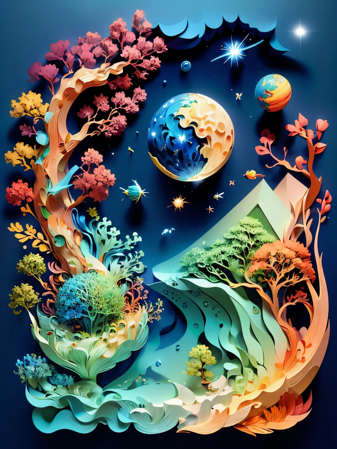 (((masterpiece))),best quality, illustration, earth, water ,fire, wind , space  , paper_cut,