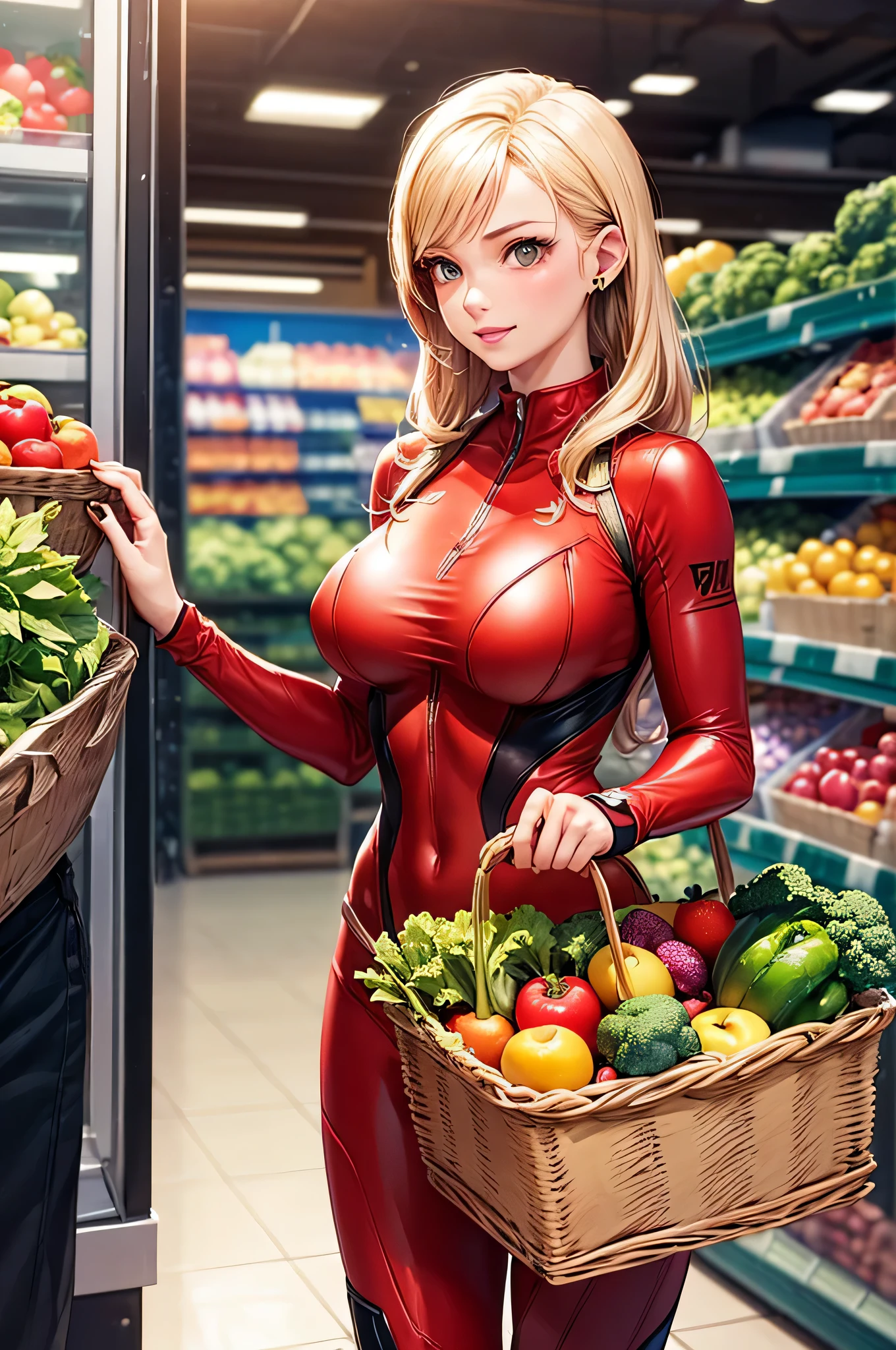 1girl, solo, extremely cute, Amazing face and eyes, (beautiful nice smile), ((blonde hair)), (extremely detailed beautiful face), bright red glossy lips, (Wearing a bright red Hero Sentai suit:1.5), (wearing a squadron mask:1.3), (Beautiful big breasts:1.2), (Best Quality:1.4), (Ultra-detailed), (Ultra realistic, photo-realistic:1.37), extremely detailed CG unified 8k wallpaper, raw photos, professional photograpy, cinematic lighting, indoors, (supermarket), Shopping at a supermarket, (shopping basket, vegetable section, fruit section), Lots of vegetables and fruits in the shopping basket, Crowded with many visitors, (zoom on girl)