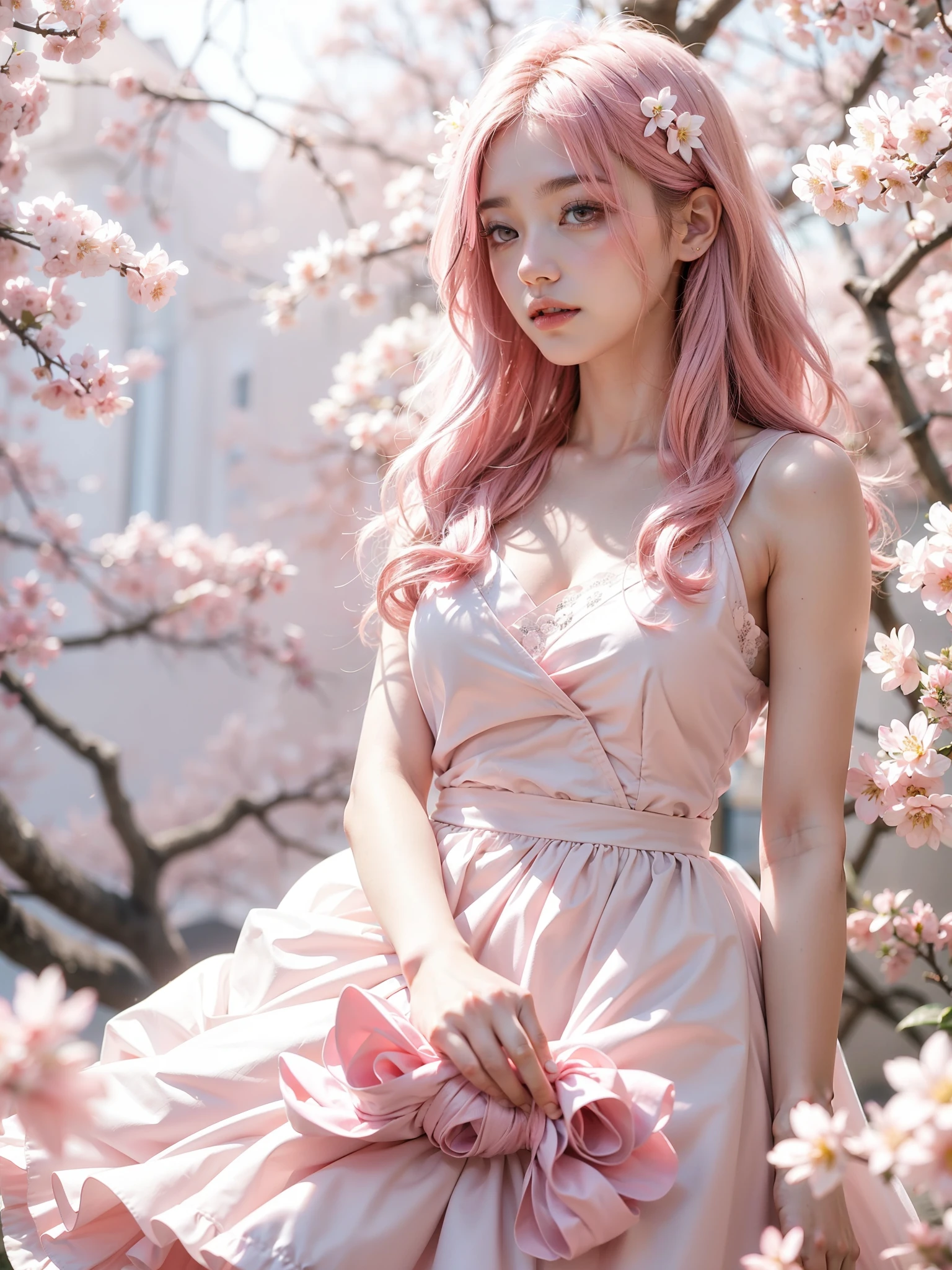 Light pink hair, pink eyes, pink and white, sakura leafs, vivid colors, white dress, paint splash, simple background, ray tracing, wavy hair