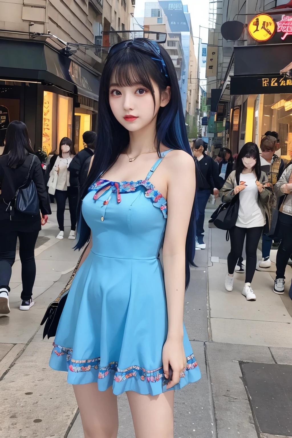 female idol、 　、Full body Esbian、、 、fluorescent blue mini dress、colorful hair