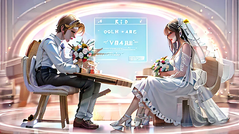 bride and groom sitting on a chair in a wedding ceremony, for hire 3d artist, cg art, profile picture 1024px, detailed digital 3d art, 3 d illustration, 3d illustration, wedding, 3 d render stylized, 9 k, 3d render digital art, 9k.